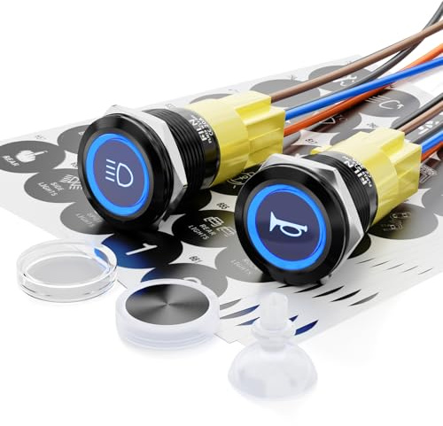 FILN 2Stück 19mm Wasserdicht Schalter Metall Drucktaster 12V-24V Blau LED | IP65 5A An/Aus 1NO1NC Druckschalter mit Kabelbuchse Stecker Druckknopf Für Auto,Boot,Industrie,Schaltschrank Nutzfahrzeug