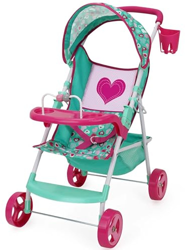 509 Équipage : Mint Heart – Poussette Sarah – Rose Vif et Vert, Porte-gobelet, Plateau de Jeu, Panier de Rangement, Accessoire Pliable, Jouet de Simulation, Enfants à partir de 3 Ans