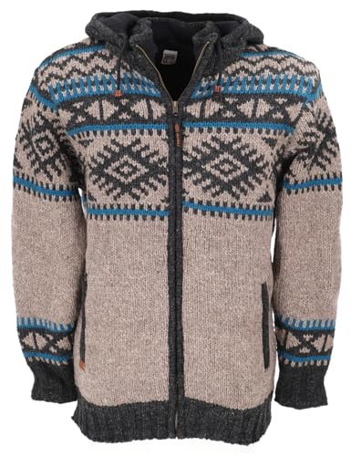 Wolljacke mit nordischem Muster, gefütterte Strickjacke, grau/blau, L
