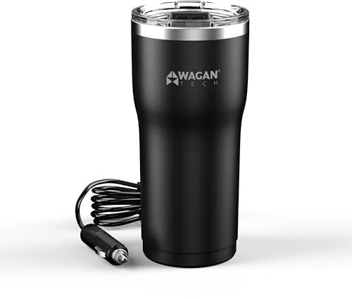 Wagan EL6101 12V Travel Car Heated Mug Portable 16oz Stainless Steel Anti-Spill Lid Slip Resistant Base Car Coffee Warmer Coffee Cup (Black)