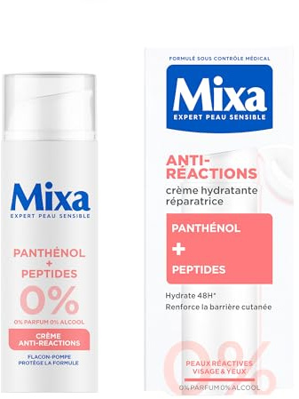 MIXA Panthenol Peptide Anti-Reaktions-Creme für reaktive Haut, 50 ml | Repariert Hautbarriere 4 Stunden, 48 Stunden intensive Feuchtigkeit, ohne Parfüm, ohne Alkohol, nicht komedogen, hypoallergen