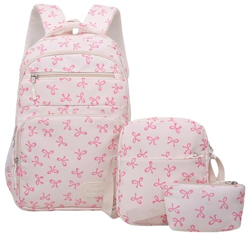 CavspkArt School Bags for Girls,Cute Kawaii Bow Backpack Set,Kids Aesthetic Preppy Rucksack,Water Resistant Lightweight Bookbag Backpack for Teens Girls,Ideal for Primary Secondary Middle School