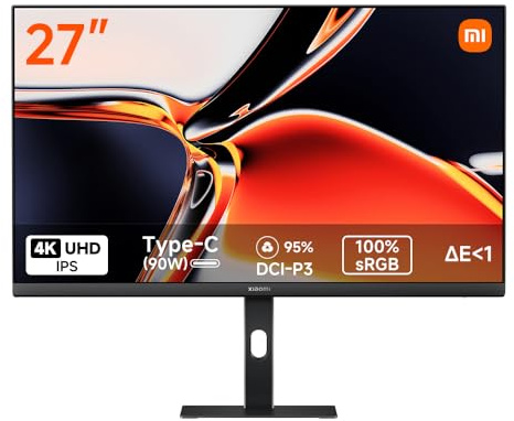 XIAOMI A27Ui 27 Inch UHD 4K Monitor, HDR10, 100% sRGB, 95% DCI-P3, △E < 1 | 90w-Reverse charging, TÜV Low Blue Light Certification (3840 x 2160/HDMI 2.0/DP 1.4/Type-C (90W output)