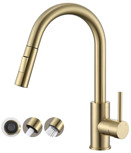 KPW Rubinetto da cucina in acciaio inox dorato spazzolato con doccetta estraibile, rubinetto per lavello con beccuccio alto, miscelatore monocomando per cucina, montaggio a 1 foro, con tubi di