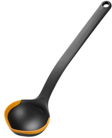 Fiskars Functional Form Suppenkelle | Schöpfkelle mit Silikonkanten und Messskala, Hitzebeständig, Länge 36,2 cm, Kunststoff/Silikon, Schwarz/Orange, 1079965
