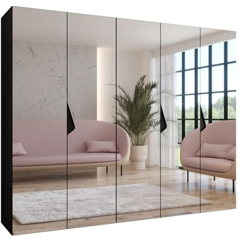 MEBLE KRYSPOL - Kleiderschrank - Garderobenschrank - 250 cm x 202 x 52 cm - Schrank mit Kleiderstange und Spiegel, 5 Türen - für Schlafzimmer, Flur - SANDI, Schwarz, Griff Schwarz