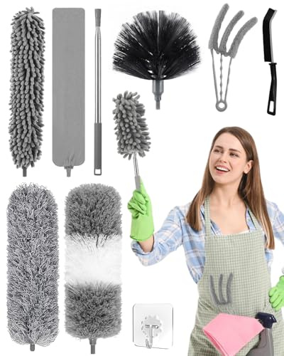 Plumero Telescópico, 10 Piezas Plumero de Microfibra Lavable con Telescópico Lavable, Cepillo de Limpieza Ranura, Ideal para Limpiar Ventiladores, Grietas, Techos, Cortinas y Telarañas