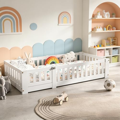 USROCAS Bodenbett 120x200cm, Kinderbett mit Absturzsicherung und lattenrost, aus massivem Kiefernholz, für Kinderzimmer – Bett in Weiß