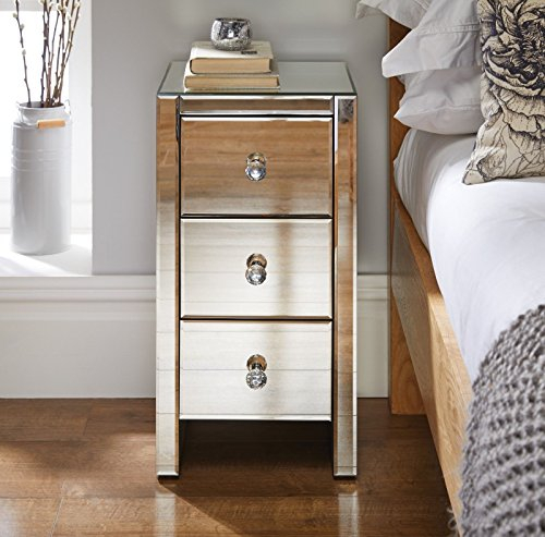 Furniturebox UK Murano Contemporary Mirrored Bedside Table Bed Side Table Bedroom Cabinet Modern Slimline Small Compact 3 Drawer Reflective Stylish Bedroom Nightstand Furniture