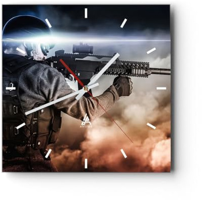 Modern Wanduhr Armee Soldat Shooter kugelsichere Weste 30x30cm Quadrat Klein Wand Uhr Glas Analog Zimmeruhren Küche Büro Wohnzimmer Glasuhr Wall Clock Dekoration Design Küchenuhr C3AC30x30-2493
