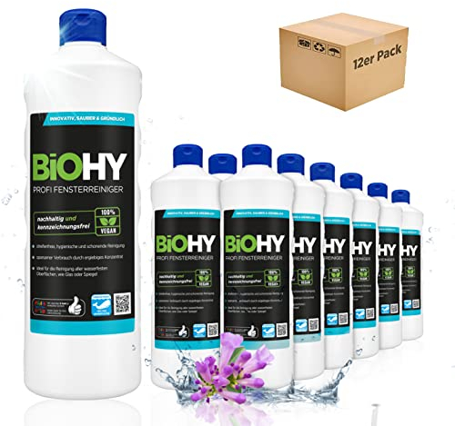 BiOHY Nettoyant vitres professionnel (12 x 1l Bouteille) | Nettoyage sans Bandes des Surfaces de Verre, de fenêtres et de miroirs (Fensterreiniger)