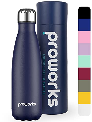 PROWORKS Bouteille d'eau Isotherme, sans BPA, Gourde INOX Reutilisable pour Maintien Chaud de 12 Heures & du Froid Jusqu’à 24 Heures, pour Sport, Gym, Voyage – 500ml – Bleu Nuit