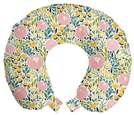 ABAKUHAUS Botanisch Reisekissen Nackenstütze, Pastellgartenkunstwerk, Schaumstoff Reiseartikel für Flugzeug und Auto, 30x30 cm, Blush Lime Green Senf