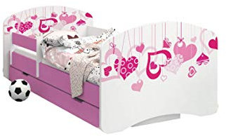 Happy Babies - Doppelseitiges PINK Kinderbett MIT SCHUBLADE Modernes Design mit sicheren Kanten und Absturzsicherung Schaumstoffmatratze 7 cm (02. Fallende Herzen, 140x70)