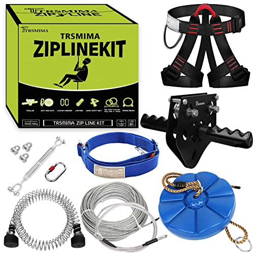 Trsmima Zipline Kit for Backyards - 150ft Zip Line for Kids and Adults - Backyard Kids Zipline Kits with Safety Harness and Stainless Steel - Spring Brake Trolley and Seat