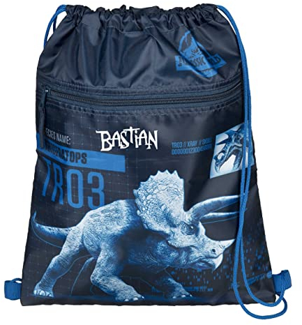 Turnbeutel mit Namen | personalisiert & bedruckt | Motiv Dinosaurier T-Rex in blau & grau | Dino Schuhbeutel für Jungen Sportbeutel Umhängetasche | inkl. NAMENSDRUCK