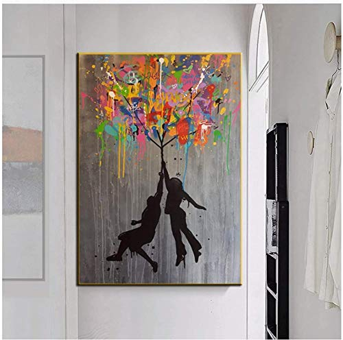 GKZJ Leinwand Wandkunst abstrakt Graffiti Poster Moderne Street Art Banksy Ballon Mädchen Wandkunst Bild für Wohnzimmer Home Decor 50x70cm ohne Rahmen