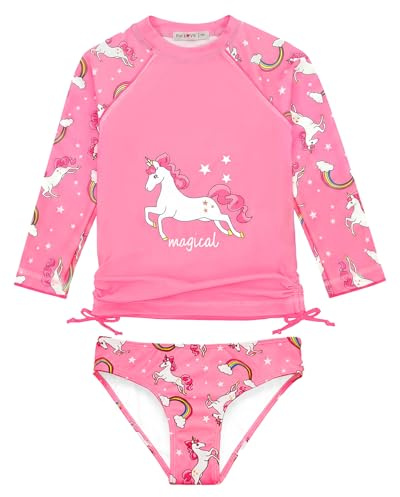 weVSwe Traje De Baño para Niñas - Conjunto De Protector De Erupción De 2 Piezas Traje De Baño De Manga Larga para Niños Pequeños SPF 50+ Protección Solar Nudo Arcoíris Unicornio Rosa 7-8 Años