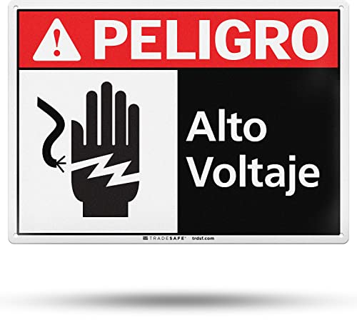 TRADESAFE Gefahren-Hochspannungsschild – Peligro Alto Voltaje spanisches Schild, Gefahrenschild, schnell installierendes Aluminium-Sicherheitsschild, wasserdicht, 35.6x25.4 cm Schilder für Geschäft