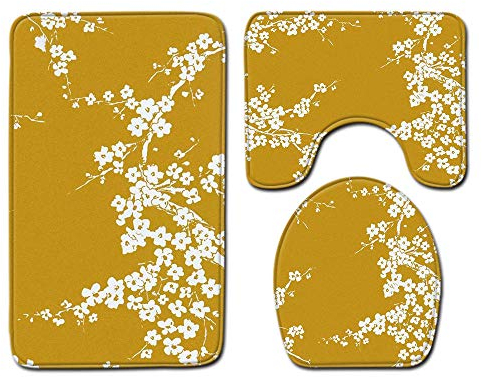 HJOSWVNS Badteppich Senfgelbe Blume Badvorleger Set 3 teilig Badematte rutschfest Saugfähig Badezimmerteppich Waschbar Fussmatte Teppich, für Badezimmer, Wohnzimmer, Schlafzimmer 45x75cm