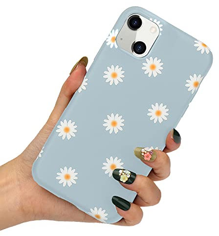 LLZ.COQUE for iPhone 13 Case Cute Silicone Shockproof Phone Case Black Floral Flowers Daisy Design Protective Matte Cover for iPhone 13, Grey