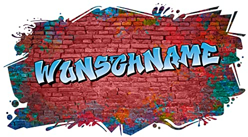 3D Graffiti Wandtattoo 97x53cm Streetart Wandsticker Jugendzimmer Kinderzimmer Wohnzimmer Deko Wandbild selbstklebend W008 (04 Mauer rot, Mit Wunschname)