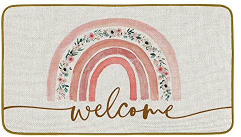 Burosev Boho Rainbow Welcome Decorative Doormat, Watercolor Flower Rainbow Floor Mat, Rustic Rainbow Welcome Farmhouse Decor for Home Indoor Outdoor Front Porch Door Mat (17 x 30 Inch)