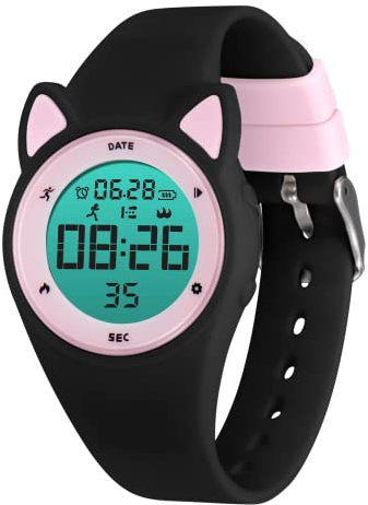 BEN NEVIS Digital Kinderuhr Mädchen-Sports Outdoor Wasserdicht Armbanduhr mit LED-Licht,2 Wecker,Stoppuhr,Datum,Fitness Tracker Uhr mit Schrittzähler,Distanz-Silikon Armband Schwarz Rosa