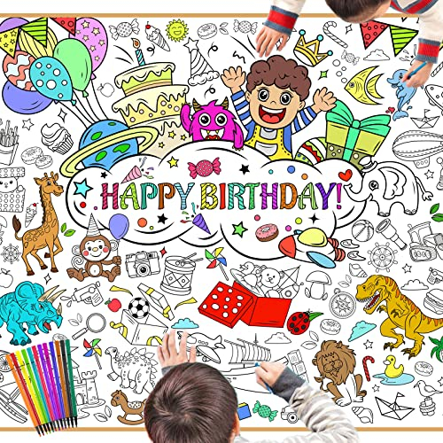 DPKOW Alles Gute zum Geburtstag Papier Tischdecke zum Ausmalen mit Stiften, 47 x 33 Zoll Bemalbare Poster Tischdecke für Kinder Jungen Geburtstag Geschenk Basteln,Tier Dinosaurier Weltraum Piraten usw