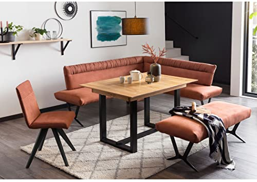 expendio Tischgruppe Esstisch Gunar 1XL 130(180) x90 cm Eiche rustikal massiv + 2X Bank Gelia 2 + 1x Stuhl Gelia Bezug Kombi Picante, kurzer Schenkel bei Eckbank:rechts