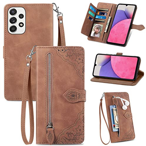 BLOTECH Housse en Cuir PU Étui Portefeuille à Rabat pour Samsung Galaxy A33 5G Étui en Cuir Flip Cover Sac à Fermeture éclair Porte-Monnaie 360 Etui a Rabat Cover étui de Téléphone Pochette Marron