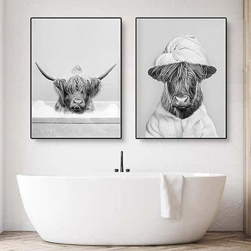 Trayosin Lustige Hochland Kuh Wandkunst in Badewanne, Tier Schwarz Weiß Wand Kunst Drucke, Leinwand Bilder für Nordisches Badezimmer Wohnkultur Deko, Kein Rahmen (21x30cm)