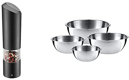 WMF Elektrische Mühle 21 cm, Salz- und Pfeffermühle unbefüllt, Kunststoff, Keramikmahlwerk schwarz & Gourmet Schüsselset 4-teilig, Edelstahl Schüsseln für die Küche 0,75l - 2,75l, Rührschüssel