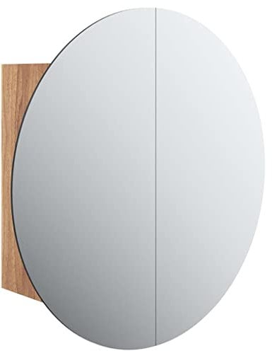 vidaXL Badezimmerschrank mit Rundem Spiegel LED Hängeschrank Wandschrank Badschrank Spiegelschrank Schrank Badmöbel Bad Badezimmer Eichen-Optik