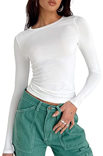 Women's Slim Fit Crop Tops Casual Solid Color Crew Neck Long Sleeve Tight T-Shirt Basic Blouse Tee Tops (White, L)