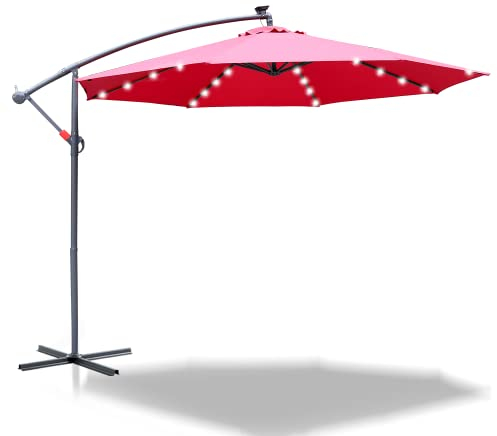 Joparri Alu Ampelschirm LED Solar Sonnenschirm Rot Ø 350 cm mit Kurbel| Ampelschirm mit Ständer | Gartenschirm Sonnenschutz UV-Schutz Aluminium | Kurbelschirm Marktschirm wasserdicht