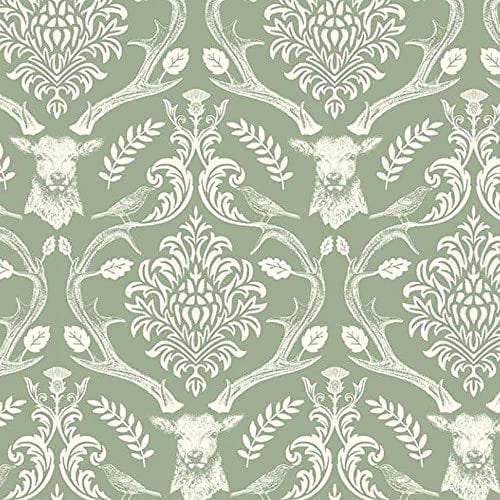 Stag Damask Sage Green Wallpaper - Floral Flowers Birds Trees Leaves Modern Contemporary Feature Wall