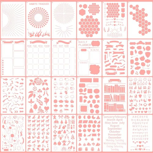 24PCS Schablonen Bullet Journal Set für A5 Planer | Wiederverwendbare Vorlagen für Notizbuch & Kalender | Bullet Journal Zubehör | Buchstaben Schablone