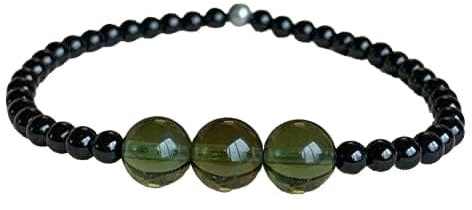 Kashish Gems & Jewels Jewelry Moldavit (6 mm) & schwarzer Turmalin (3 mm) - AAA Klasse - Armband, Schutzarmband, minimalistisch, zierlich, echter Edelstein, natürlich, 6 mm | 3 mm, Edelstein,