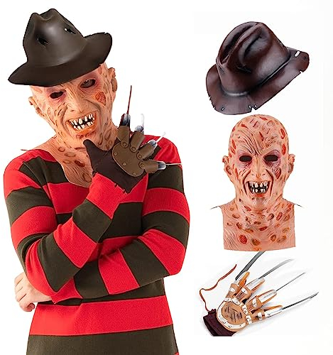 Yearsahrk Freddy Krueger Kostüm 4-teilig Albtraum Kostüm Gestreifter Pullover Gruselige Maske Handschuh mit Klaue Cowboy Hut Halloween Cosplay für Erwachsene (Large)