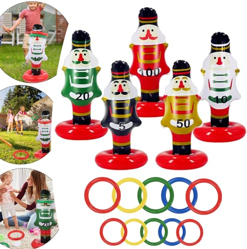 Christmas Ring Toss Game for Kids,Adults,Xmas Party Games Inflatable Nutcracker Toss Game with Rings(5 Nutcracker,10 Rings) for Xmas Toys Holiday Party Favors Fun Games,Christmas Stocking Filler Games