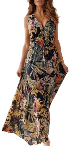 CheChury Women Maxi Dress Summer Sleeveless V-Neck Floral Casual Long Dress Beach Boho Style Deep V Back Sundress Flowy Dresses,Black,M