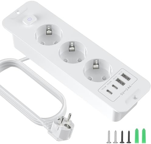 Multiprise encastrable avec USB, 3 prises avec USB A et Type-C, 7 n 1, plateau de table, triple prise encastrée avec câble d'extension de 2 m, multiprise encastrable pour bureau, maison (blanc)
