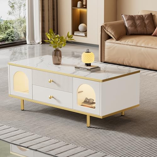 Merax Couchtisch Hochglanz mit LED-Leuchten, Moderner Wohnzimmertisch Kaffeetisch mit 2 Schubladen und 2 Türen, Beistelltisch Sofatisch, Metallbeine, Tischplatte mit Marmormuster, Weiß & Gold