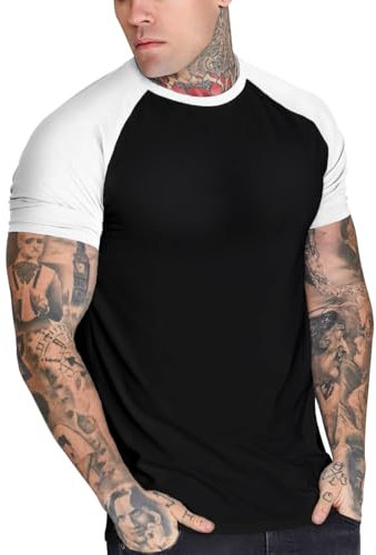 YCHSXAIZ Herren Casual Slim Fit Raglan Kontrast Baumwolle Kurzarm Baseball Jersey Tshirts Color Schwarz-Weiß Size XL