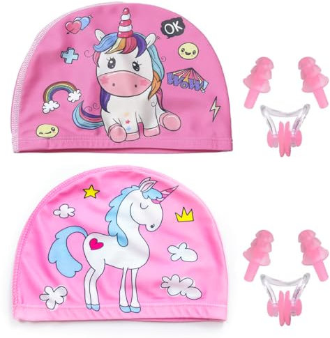 EIHI 2 Pezzi Cuffia Piscina Bambina Unicorno, Cuffia Piscina Bambino, Cuffia Nuoto, Cuffie Piscina Bambini, con Tappi per Le Orecchie E Clip per Il Naso