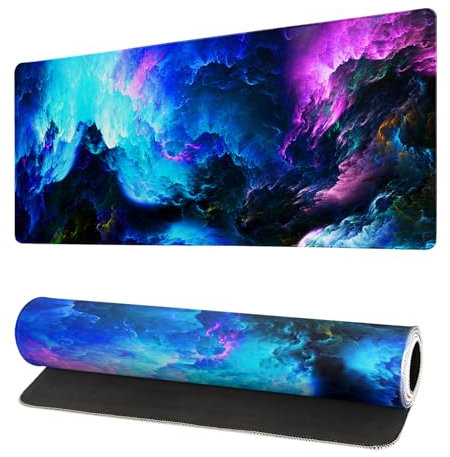 Gaming-Mauspad mit schillerndem Galaxie-Motiv, 70 x 30 cm, Blau / Violett, Galaxie, Nebel, Universum, Weltraum, großes Mauspad, rutschfeste Gummiunterseite, genähte Kanten, Tastatur-Mauspad,