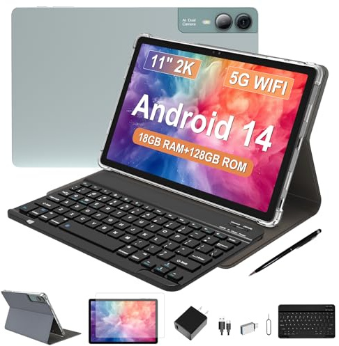 FESABOLE 2025 Android 14 Tablet 11 Zoll, 18 GB RAM, 128 GB ROM, 1 TB Erweiterung, 2K-Display, T616 Octa-Core, 5G WiFi, 13 MP + 5 MP + 5 MP, GPS, 9000 mAh, Tablet mit