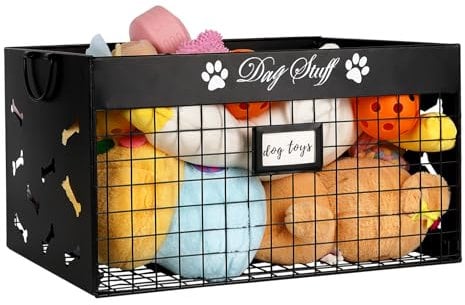 Whchiy Dog Toy Basket Metal Dog Toy Storage with Handles and Label Position Design Dog Toy Box for Organizing Pet Toys, Blankets, Clothes and Food(Not Included Label)(Large)