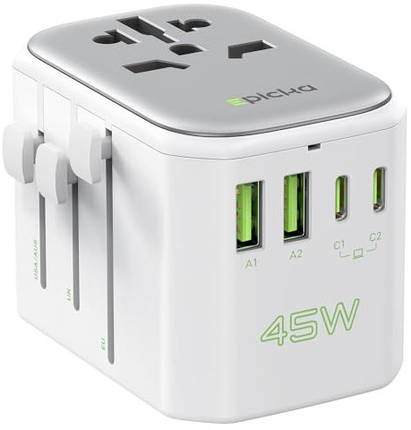 EPICKA Reiseadapter Weltweit,45W PD Fast Charge Universal Reisestecker Adapter mit 2 USB und 2 USB C, Travel Adapter für Europa USA Japan Korea Thailand Australien, Weiß